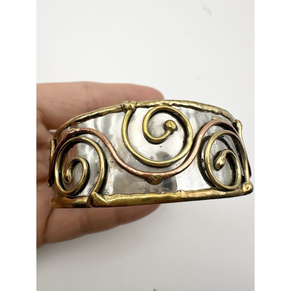 Handcrafted Mixed Metal Cuff Bracelet Swirl Design 7.25”